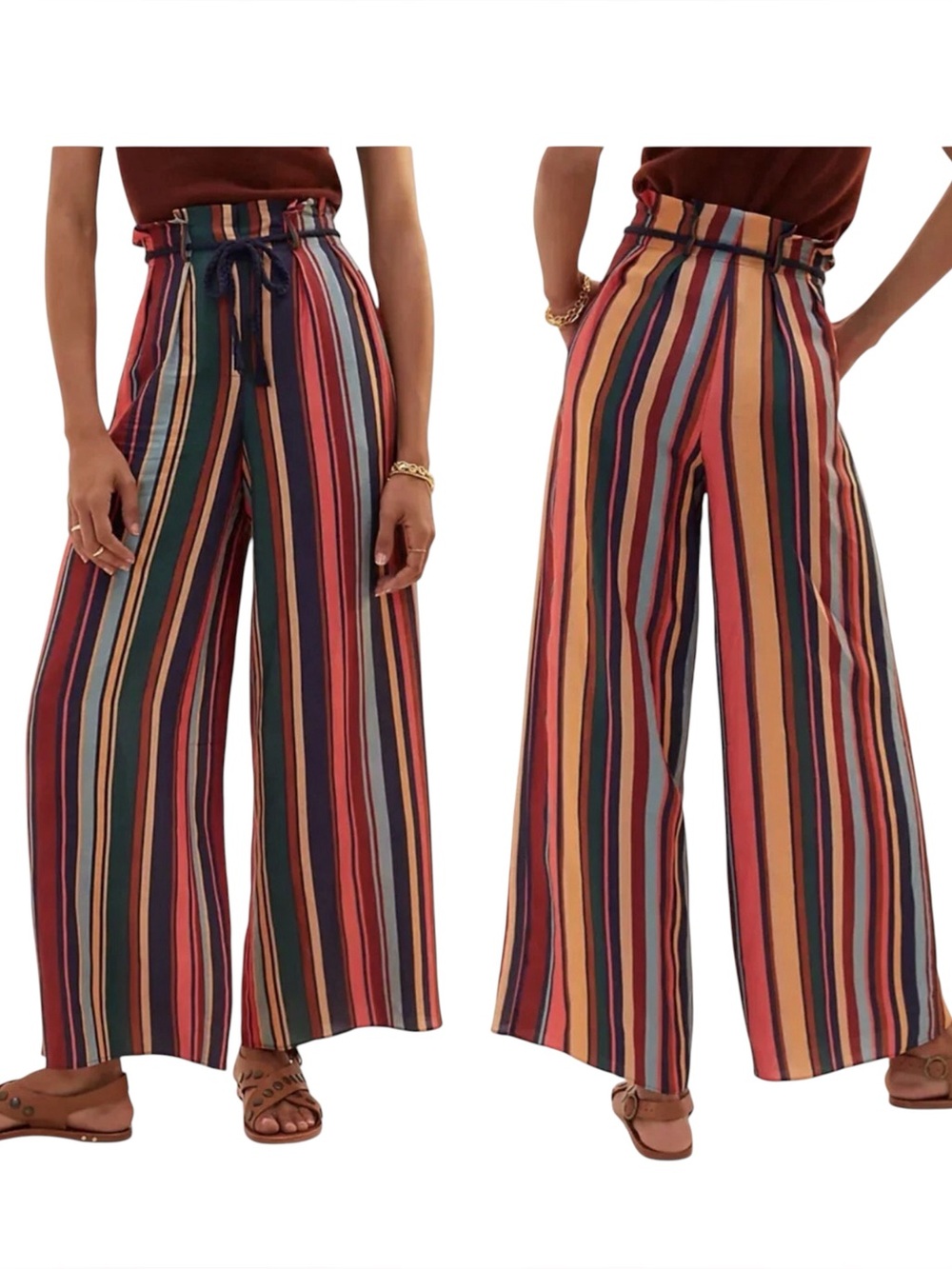 Farm Rio Anthropologie Pants Womens L Multicolor Striped Wide Leg Linen Blend